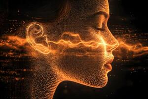 Digital Serenity Abstract Face with Glowing Waves in Motion Design for Art and Inspiration photo