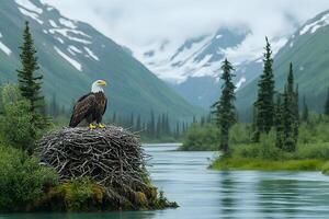 Bald Eagle Overlooking a Serene Mountain Lake Scenery for Nature Conservation Posters photo