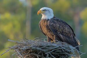 Regal Bald Eagle Perched on Nest in Serene Forest Setting photo