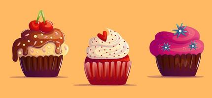 A charming collection of cartoon-style sweet cupcakes with playful decorations, ideal for party themes, dessert designs, and whimsical illustrations. vector
