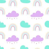 Childrens cheerful pattern with clouds and raindrops, dreams and daydreams, simple pattern with clouds and rainbow. Cute cozy background for children. vector