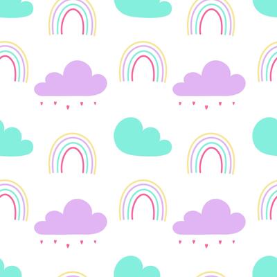 Childrens cheerful pattern with clouds and raindrops, dreams and daydreams, simple pattern with clouds and rainbow. Cute cozy background for children.