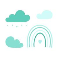 Set of sky elements blue clouds rain rainbow, simple drawings by child, for fun childrens design. vector