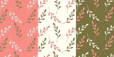 Botanical textile patterns, set herbal patterns with twigs in pastel pink colors. vector