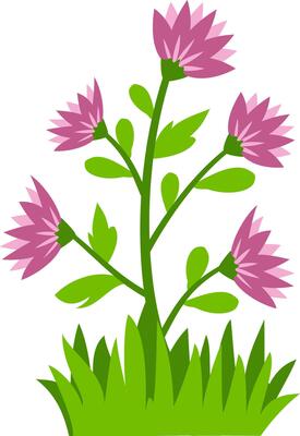 five blooming purple flowers with green leaves and grass, perfect for nature, spring, and floral design projects. Ideal for clipart, decorative art, and botanical themes.