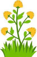 illustration of five yellow flowers with green leaves and grass, perfect for nature, spring, and floral design projects. Ideal for clipart, decorative art, and botanical themes. vector