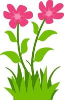 illustration of pink flowers with green leaves and grass, perfect for nature, spring, and floral design projects. Ideal for clipart, decorative art, and botanical themes. vector