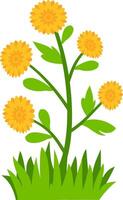 illustration of five blooming yellow flowers with green leaves and grass, perfect for nature, spring, and floral design projects. Ideal for clipart, decorative art, and botanical themes. vector