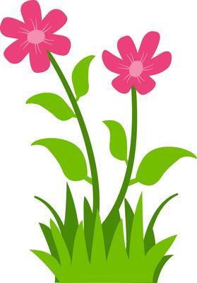 illustration of two blooming pink flowers with green leaves and grass, perfect for nature, spring, and floral design projects. Ideal for clipart, decorative art, and botanical themes.