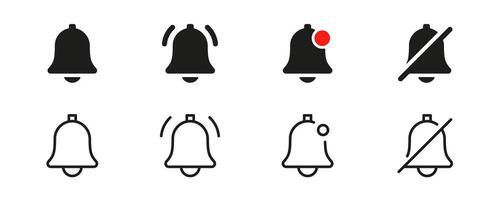 Notification bell flat and line icon set. Mobile, user interface, alarm, ringing bells, reminders, incoming inbox messages, Mute, Notice, web, website outline icon set. UI fills bold icon design vector