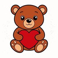 Cute cartoon teddy bear with red heart isolated on white background. Front view vector
