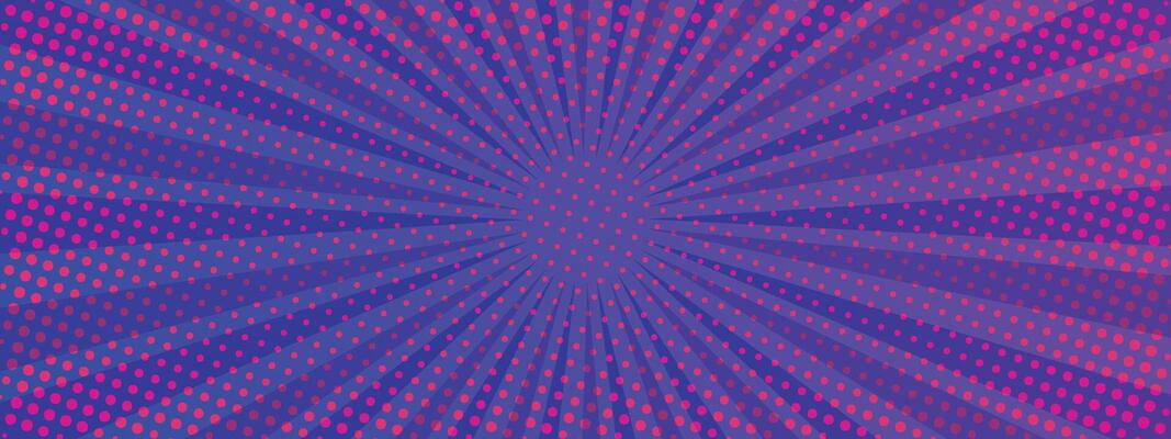Pop art pink purple dotted background. Retro backdrop with sun rays in comic book style. Cartoon funny pattern. Sunburst halftone illustration. Pixelated overlay texture poster, banner.