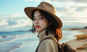 Young woman with hat enjoying the ocean breeze, standing on the beach, with a scenic backdrop of hills and softly rolling waves during golden hour lighting video