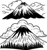 two different mountain scenes with trees and clouds vector
