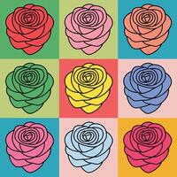 Pop Art Style Roses in 3x3 Grid with Bold Colors and Outlines vector