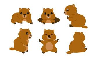 Set Groundhog Day. Cute Marmot. Groundhog. Spring is on the way Marmot . illustration, banner design with funny character isolated on white background. Flat design. vector