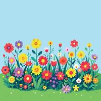 Colorful flowers blooming in a vibrant garden under blue sky vector