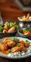 Delicious chicken curry served with rice and a variety of colorful side dishes at a vibrant dinner table photo