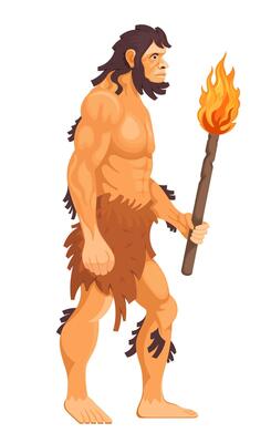 Caveman holds a torch with fire illustration