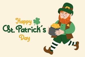 Leprechaun with a pot of gold, symbolizing luck and prosperity for St. Patricks Day. Happy St Patrick's day greeting card vector
