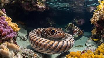 Banded Sea Krait Laticauda colubrina phylum Chordata class Reptilia order Squamata family Elapidae coiled a tidal pool its sleek body contrasting with colorful coral formations photo
