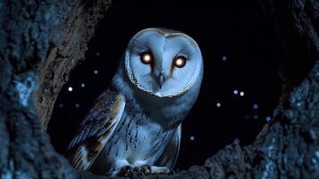 Barn Owl Tyto alba phylum Chordata class Aves order Strigiformes family Tytonidae peeking out a hollow tree under starlight its glowing eyes piercing the darkness photo