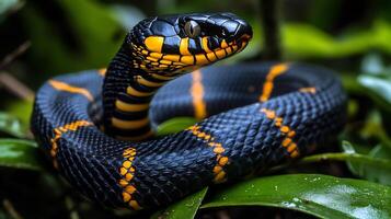 Banded Krait Bungarus fasciatus phylum Chordata class Reptilia order Squamata family Elapidae slithering across jungle floor its black and yellow bands glowing under dappled sunlight photo