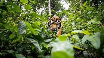 Bengal Tiger Panthera tigris tigris family Felidae prowling Indian rainforests endangered predator blending into foliage symbolizing wildlife protection biodiversity natural habitat photo
