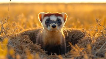 Blackfooted Ferret Mustela nigripes phylum Chordata class Mammalia order Carnivora family Mustelidae emerging its burrow in a vast prairie its curious eyes glowing in golden morning light photo