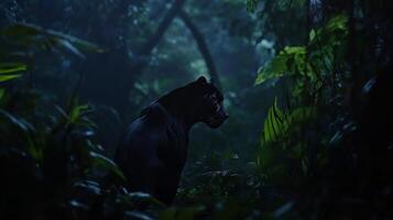 Black Panther Panthera pardus phylum Chordata class Mammalia order Carnivora family Felidae stalking silently through dense jungle shadows dusk blending seamlessly with its environment photo