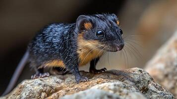 Blackandrufous Elephant Shrew Rhynchocyon petersi phylum Chordata class Mammalia order Macroscelidea family Macroscelididae scurrying across rocky terrain long nose glowing in soft light photo