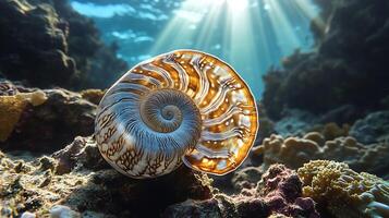 Chambered Nautilus Nautilus pompilius phylum Mollusca class Cephalopoda order Nautilida family Nautilidae drifting near coral reef its spiral shell glowing under soft underwater light photo