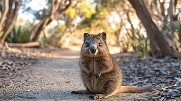 Quokka Setonix brachyurus phylum Chordata class Mammalia order Diprotodontia family Macropodidae sitting dirt pathway surrounded eucalyptus trees its wideeyed expression illuminated by morning light photo