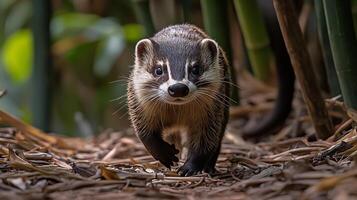Chinese FerretBadger Melogale moschata phylum Chordata class Mammalia order Carnivora family Mustelidae walking a bamboo grove its striped face glowing in dappled forest light photo
