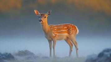 Chinese Water Deer Hydropotes inermis phylum Chordata class Mammalia order Artiodactyla family Cervidae standing alert a misty meadow at dawn its small tusks glowing faintly in soft light photo