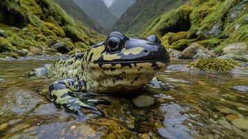 Chinese Giant Salamander Andrias davidianus phylum Chordata class Amphibia order Urodela family Cryptobranchidae resting a shallow mountain stream its textured body blending with mosscovered rocks photo