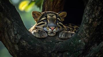 Clouded Leopard Neofelis nebulosa phylum Chordata class Mammalia order Carnivora family Felidae resting a tree hollow its spotted coat blending into the dark wood under filtered sunlight photo