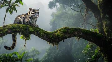 Clouded Leopard Neofelis nebulosa phylum Chordata class Mammalia order Carnivora family Felidae perched a mossy rainforest branch its spotted coat blending seamlessly with its surroundings photo