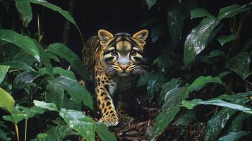 Clouded Leopard Neofelis nebulosa phylum Chordata class Mammalia order Carnivora family Felidae prowling through jungle foliage patterned coat blending with dappled sunlight photo