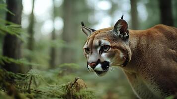 Cougar Puma concolor family Felidae stalking prey in a dense North American forest its piercing eyes locked on target symbolizing stealth survival and predator dominance in ecosystems photo