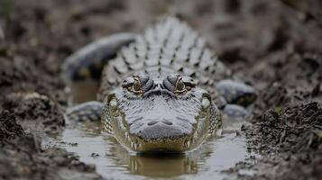 Crocodile Crocodylus niloticus phylum Chordata class Reptilia order Crocodylia family Crocodylidae lurking partially submerged a swamp its piercing eyes and textured skin visible above the waterline photo