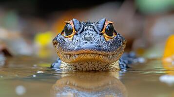Cuviers Dwarf Caiman Paleosuchus palpebrosus phylum Chordata class Reptilia order Crocodylia family Alligatoridae partially submerged a swamp its piercing eyes barely visible above the waterline photo