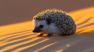 Desert Hedgehog Paraechinus aethiopicus phylum Chordata class Mammalia order Eulipotyphla family Erinaceidae crawling over sand dune under twilight its spines casting sharp shadows photo