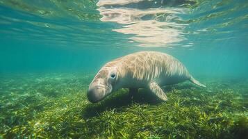 Dugong Dugong dugon phylum Chordata class Mammalia order Sirenia family Dugongidae grazing a shallow seagrass meadow its smooth body creating gentle ripples in turquoise water photo
