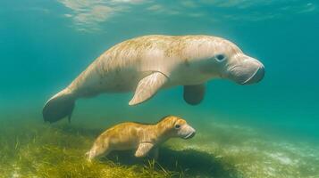 Dugong Dugong dugon phylum Chordata class Mammalia order Sirenia family Dugongidae swimming alongside calf in a shallow seagrass bed creating gentle ripples in turquoise water photo
