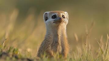 Dwarf Mongoose Helogale parvula phylum Chordata class Mammalia order Carnivora family Herpestidae standing alert tall grass its curious expression glowing in afternoon light photo