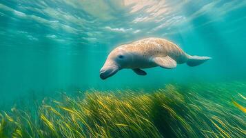 Dugong Dugong dugon phylum Chordata class Mammalia order Sirenia family Dugongidae swimming through seagrass bed its gentle movements creating ripples under turquoise waters photo