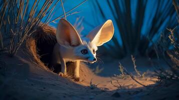 Fennec Fox Vulpes zerda phylum Chordata class Mammalia order Carnivora family Canidae emerging a burrow in the Sahara Desert at twilight large translucent ears illuminated by soft light photo