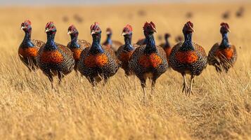Helmeted Guineafowl Numida meleagris phylum Chordata class Aves order Galliformes family Numididae walking through savanna their colorful heads contrasting with muted golden grass photo