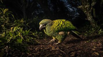 Kakapo Strigops habroptilus phylum Chordata class Aves order Psittaciformes family Strigopidae walking forest floor dusk moss green feathers blending the undergrowth emphasizing nocturnal behavior photo